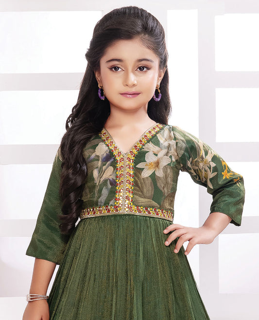 Green tropical floral printed & embroidered alia-neck 3/4th sleeve gown