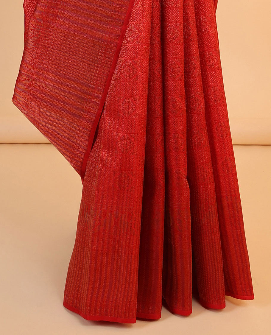 Red jacquard Vasundhara 3D silk saree, jaal design pallu & zari border of traditional designs