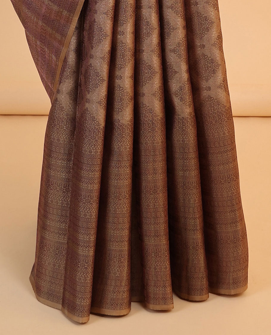 Brown jacquard Vasundhara 3D silk saree, intricate pallu & zari border of kamalam,neli,kathir & lavangam designs