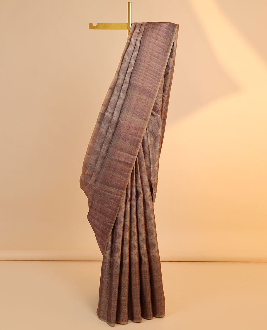 Brown jacquard Vasundhara 3D silk saree, intricate pallu & zari border of kamalam,neli,kathir & lavangam designs