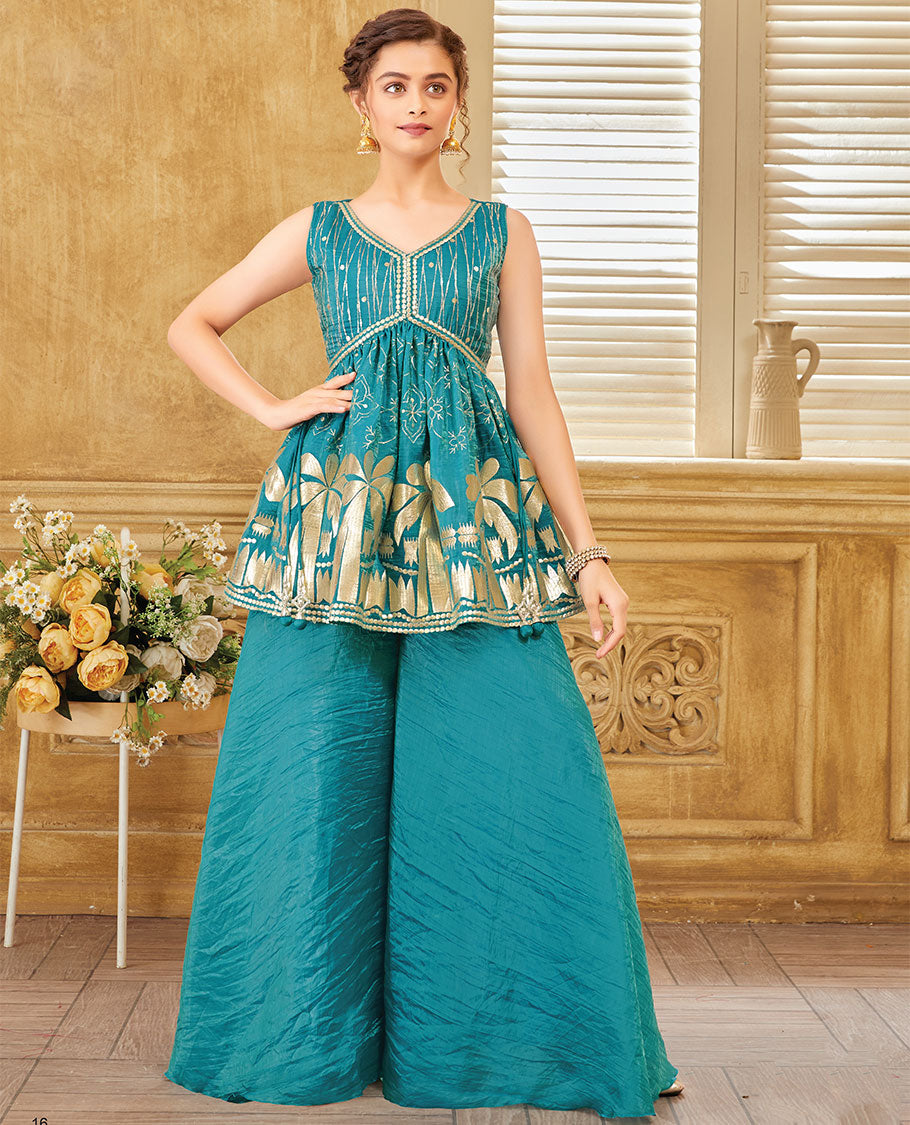 Blue embroidered alia-cut sleeveless short top with matching sharara plain pants