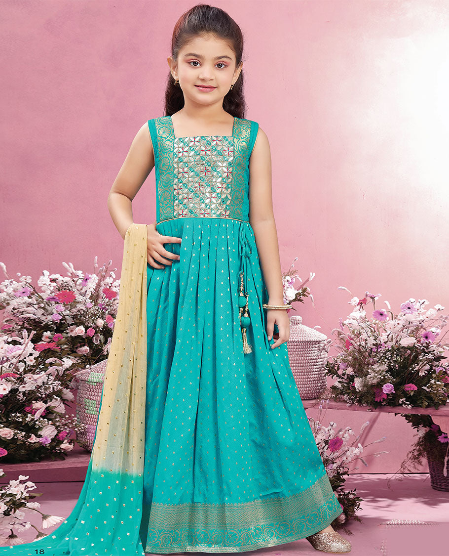 Blue embroidered & buttas square-neck sleeveless full-length chudidar with double color buttas dupatta