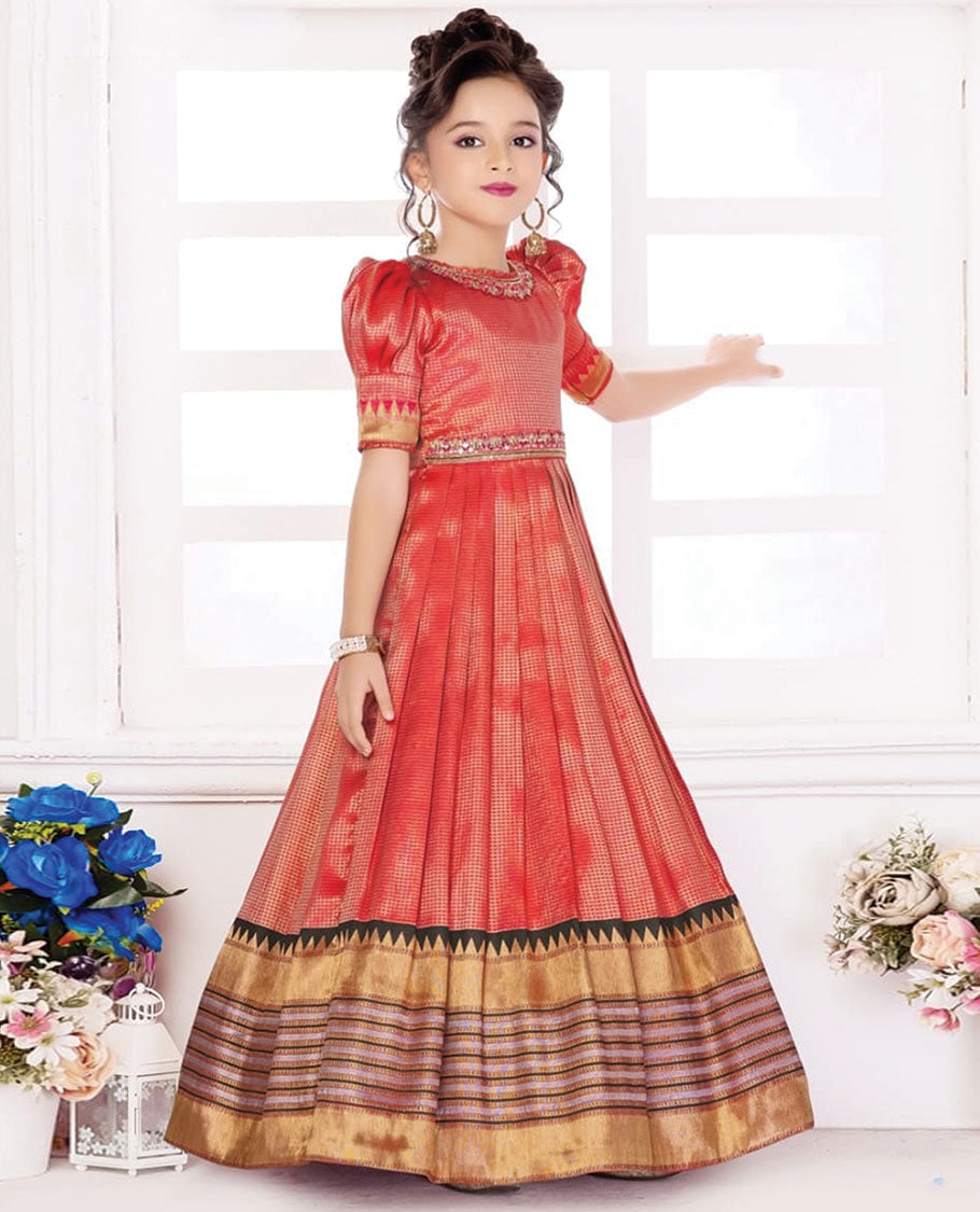 Red micro-checked design embroidered boat-neck puff elbow-sleeve full-length gown