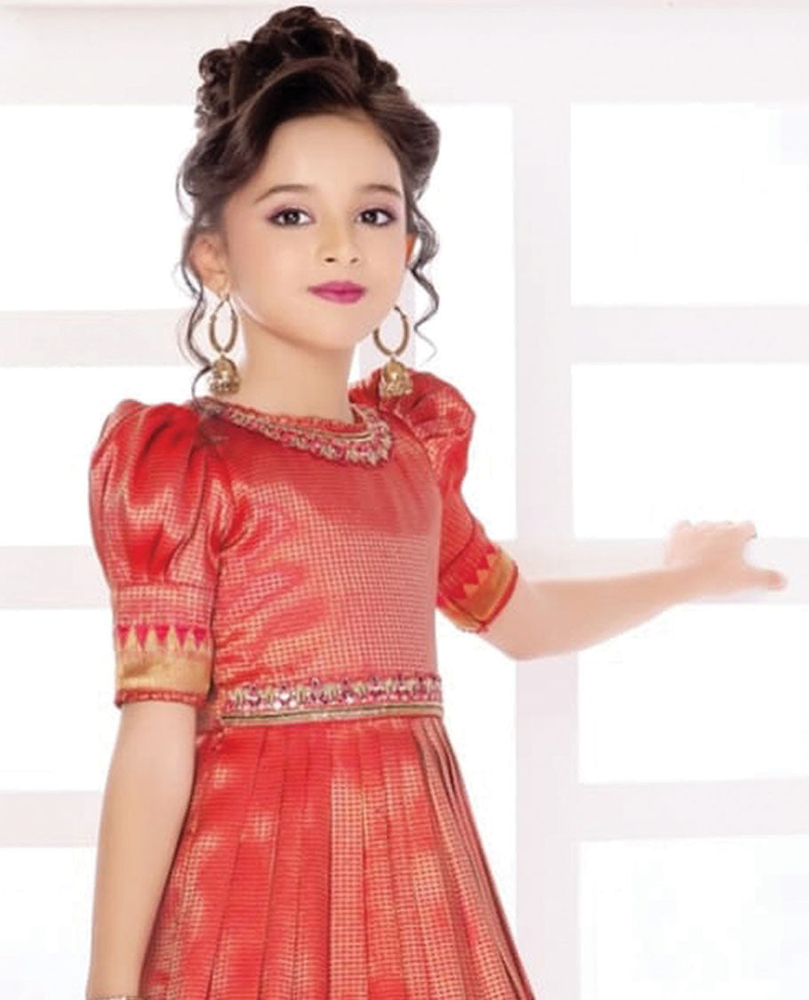 Red micro-checked design embroidered boat-neck puff elbow-sleeve full-length gown