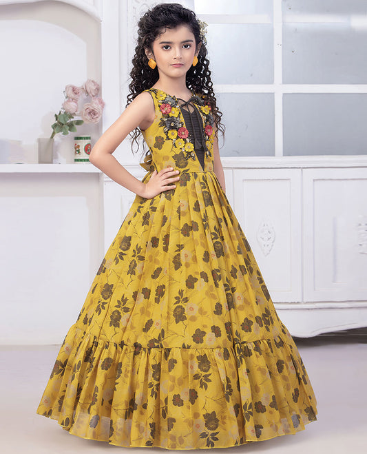 Yellow floral printed embroidered sleeveless full-length gown