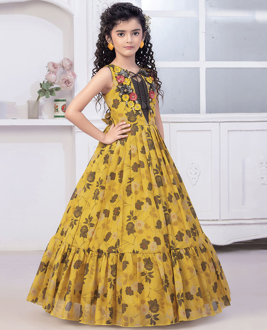 Yellow floral printed embroidered sleeveless full-length gown