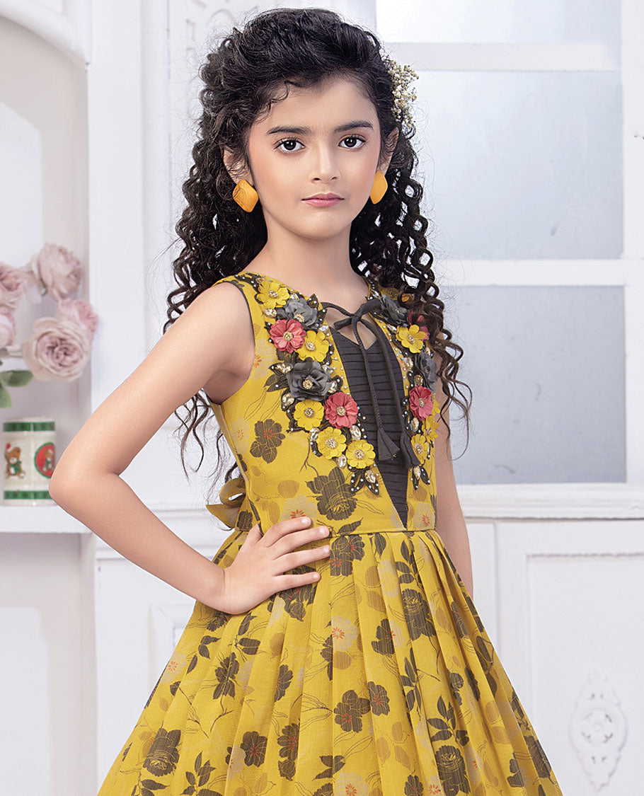 Yellow floral printed embroidered sleeveless full-length gown