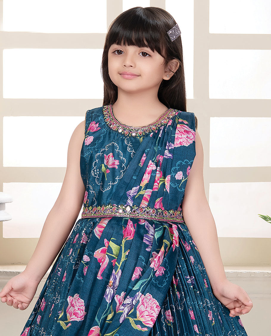 Blue floral printed & attached dupatta embroidered round-neck sleeveless full-length gown
