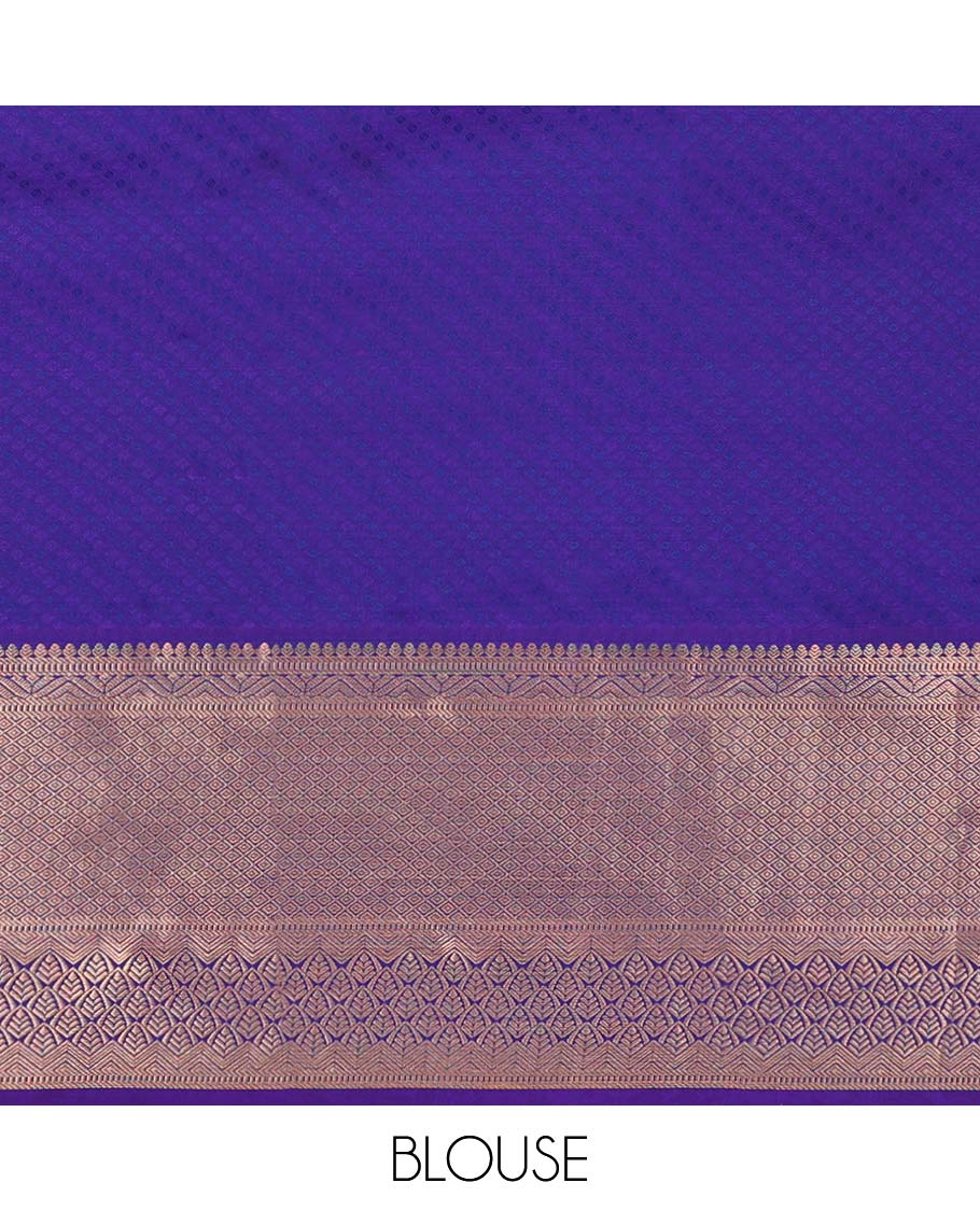 Violet jacquard kanchipuram silk saree, contrast jaal pallu & border of thilakam, neli kathir & jaal