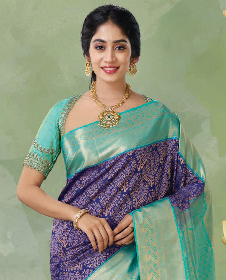 Blue jacquard kanchipuram silk saree, contrast traditional design zari border & jaal pallu