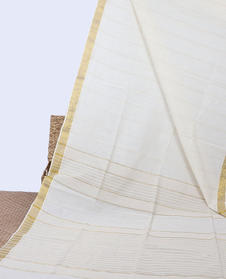 Cream striped jute cotton saree, self-border & pallu of stripes