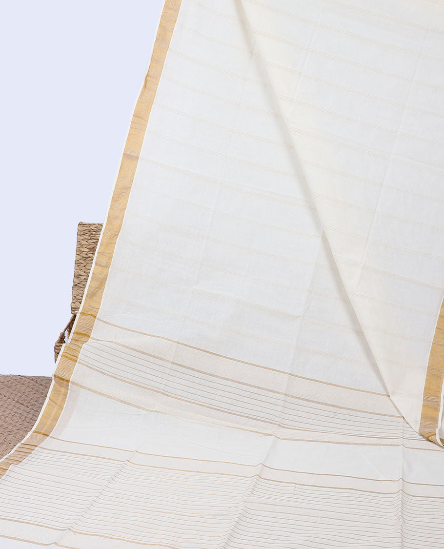 Cream striped jute cotton saree, self-border & pallu of stripes