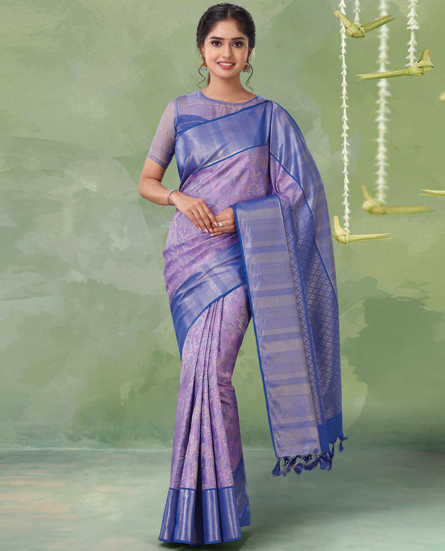Violet jacquard Kanchipuram wedding silksaree, contrast jaal pallu & border steeped with geometric patterns in zari