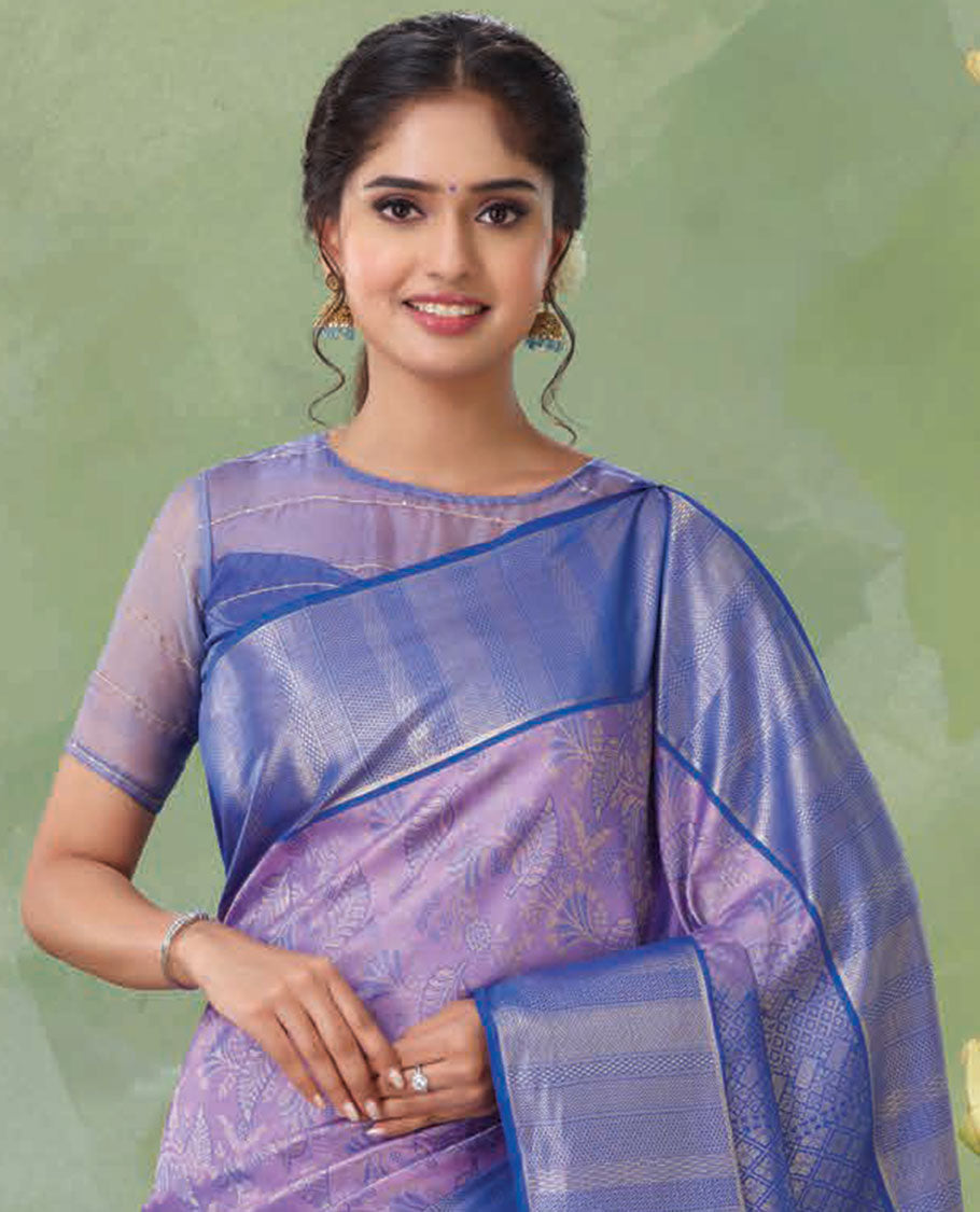 Violet jacquard Kanchipuram wedding silksaree, contrast jaal pallu & border steeped with geometric patterns in zari