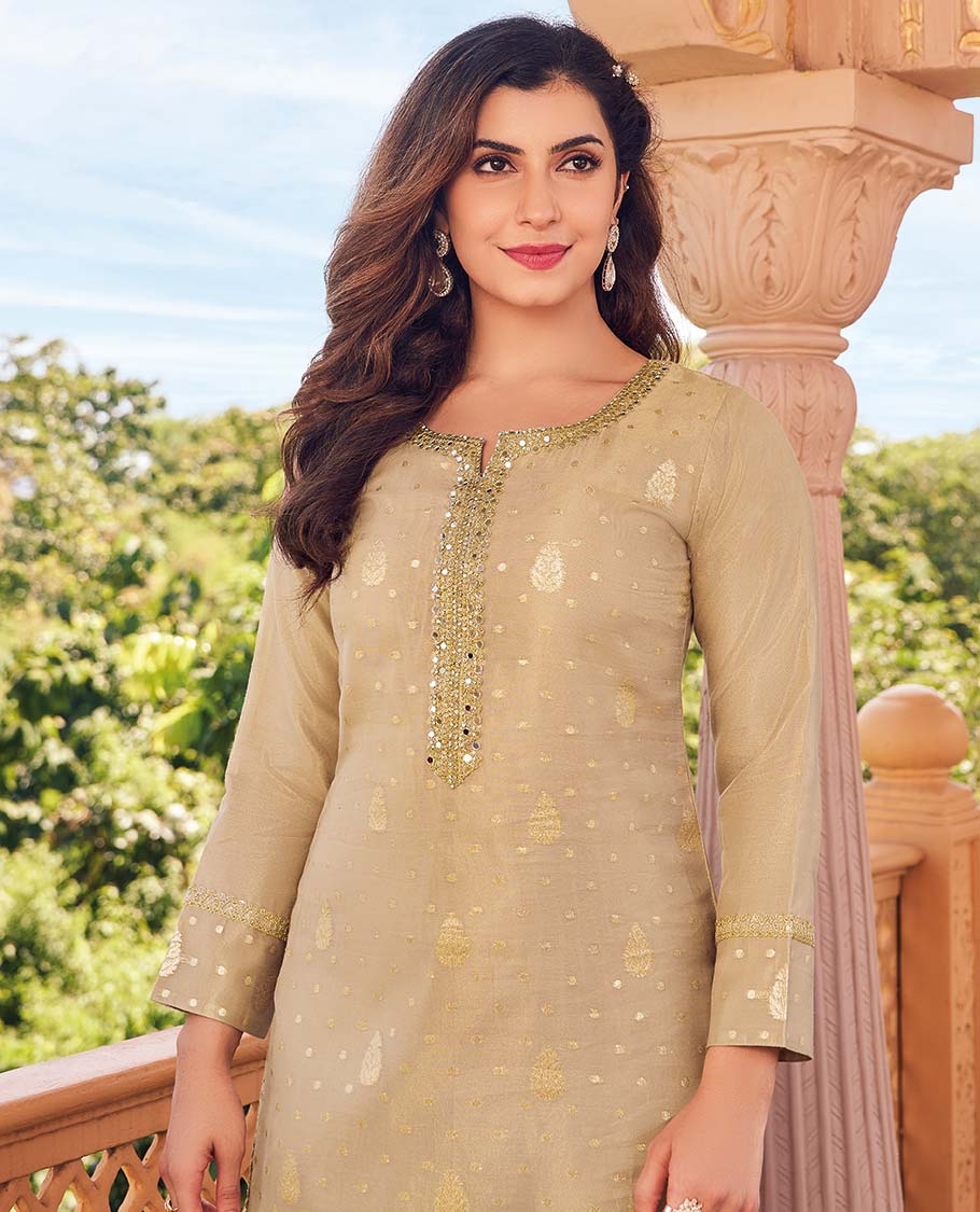 Twara sandal buttas & embroidered 3/4th sleeve round-neck below-knee straight-cut kurti