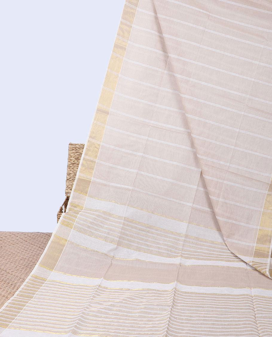 Beige striped jute cotton saree, self-border & pallu of stripes