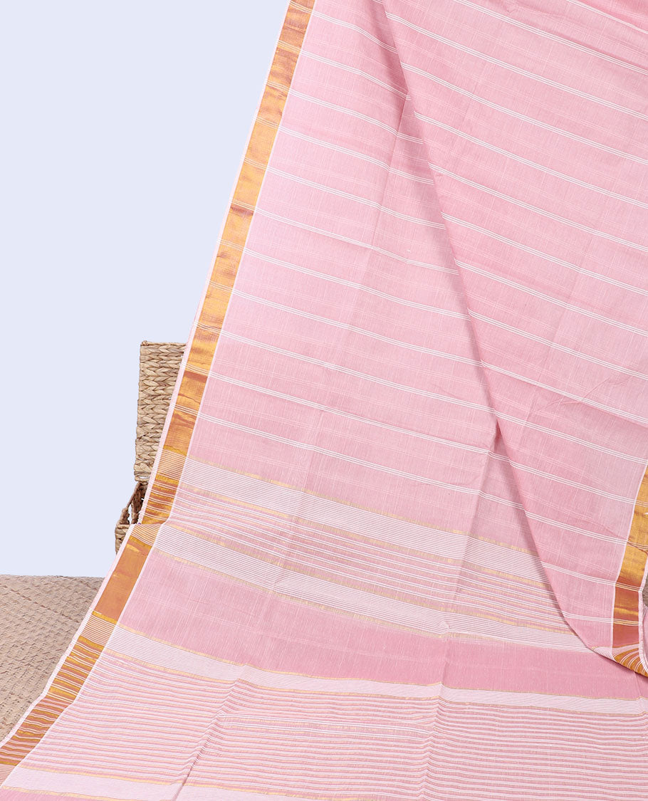 Pink striped jute cotton saree, self-border & pallu of stripes