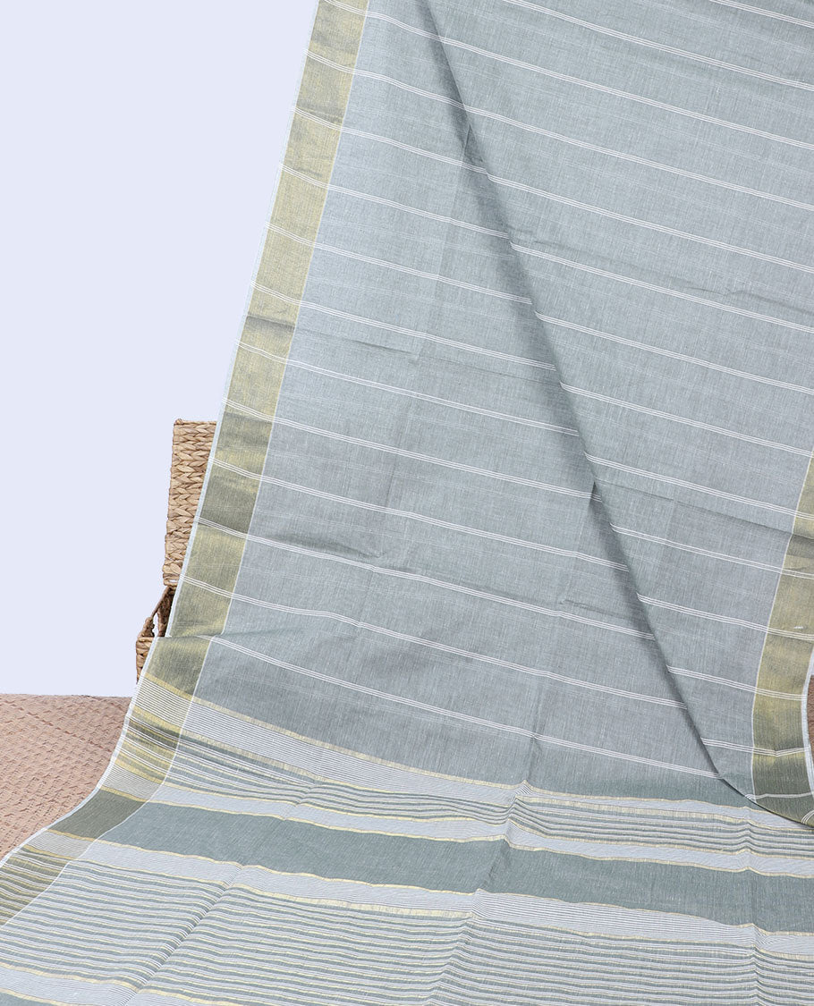 Grey striped jute cotton saree, self-border & pallu of stripes