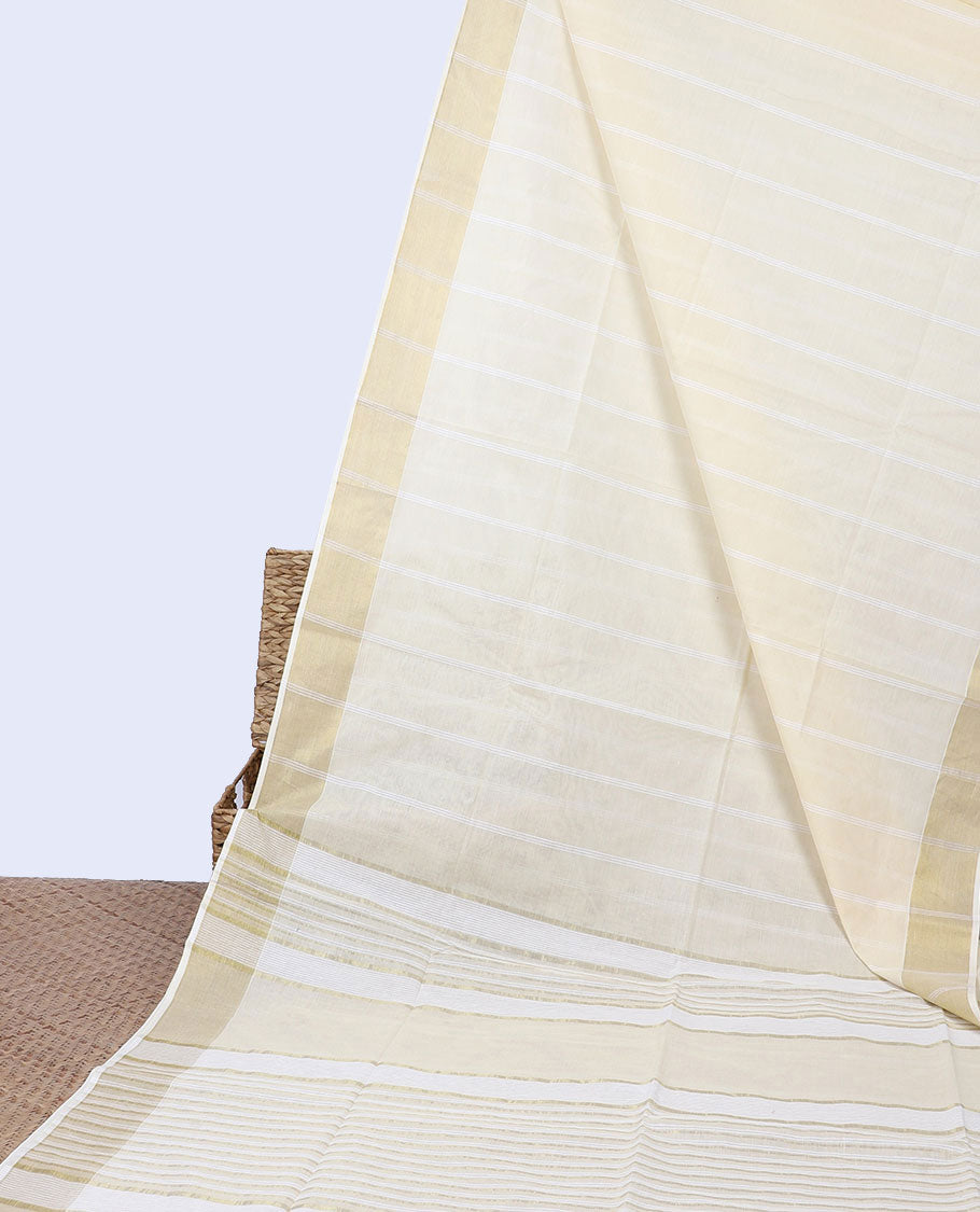 Cream striped jute cotton saree, self-border & pallu of stripes