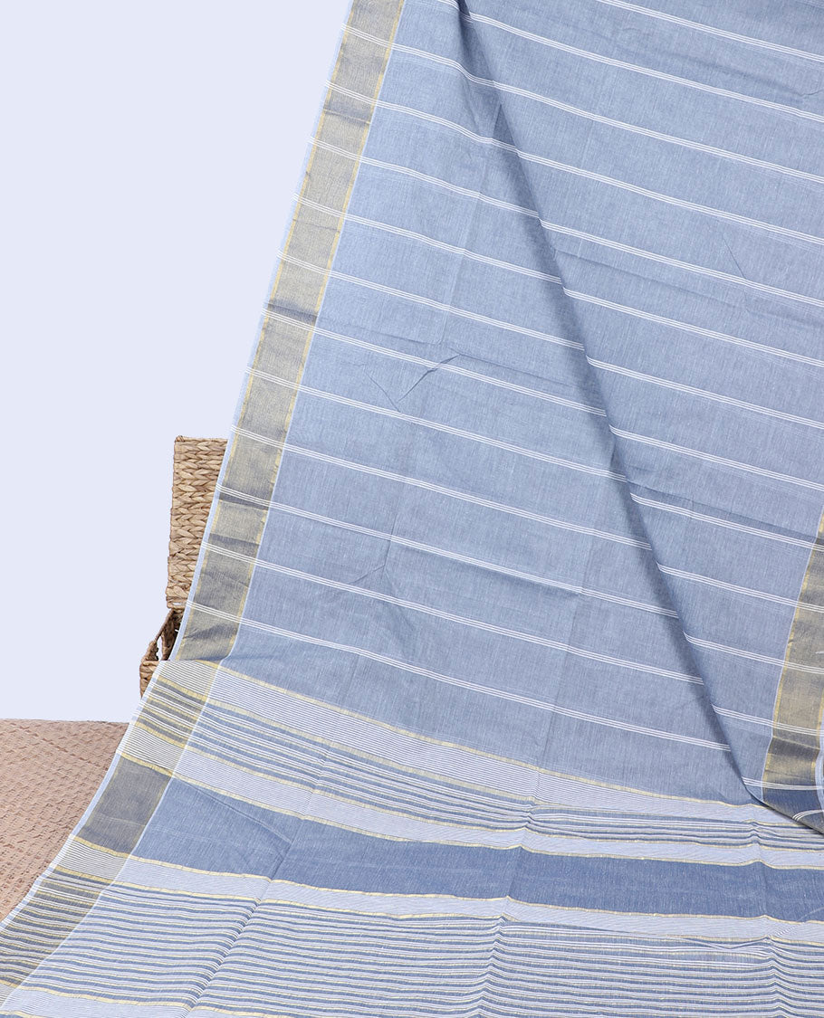 Blue striped jute cotton saree, self-border & pallu of stripes