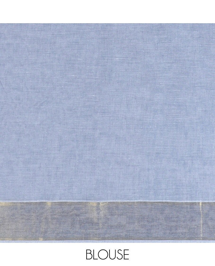 Blue striped jute cotton saree, self-border & pallu of stripes