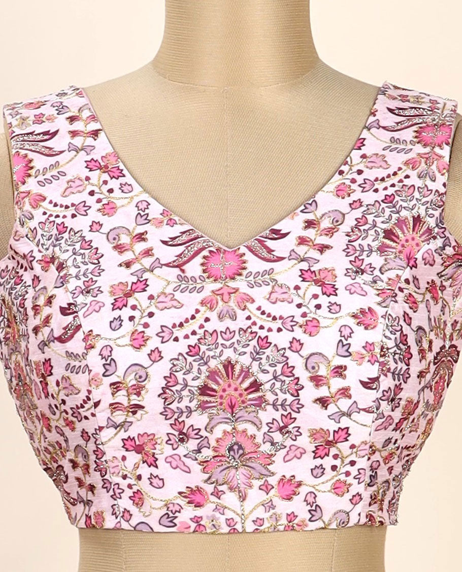 Pink intricate floral printed with thread embroidered front and back leaf-neck sleeveless readymade blouse