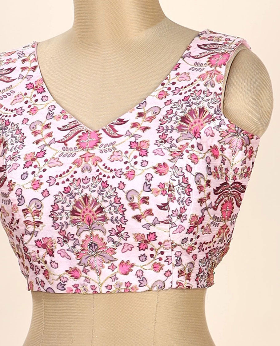 Pink intricate floral printed with thread embroidered front and back leaf-neck sleeveless readymade blouse
