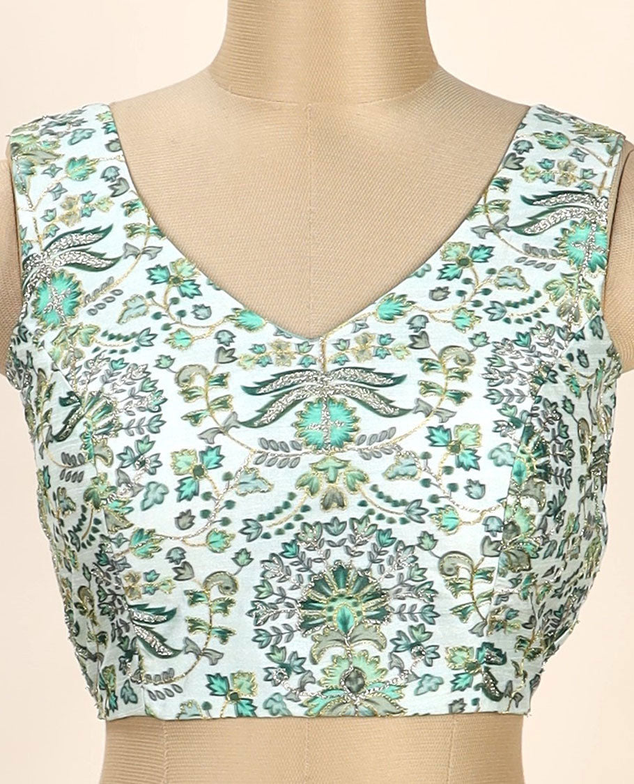 Green intricate floral printed with thread embroidered front and back leaf-neck sleeveless readymade blouse
