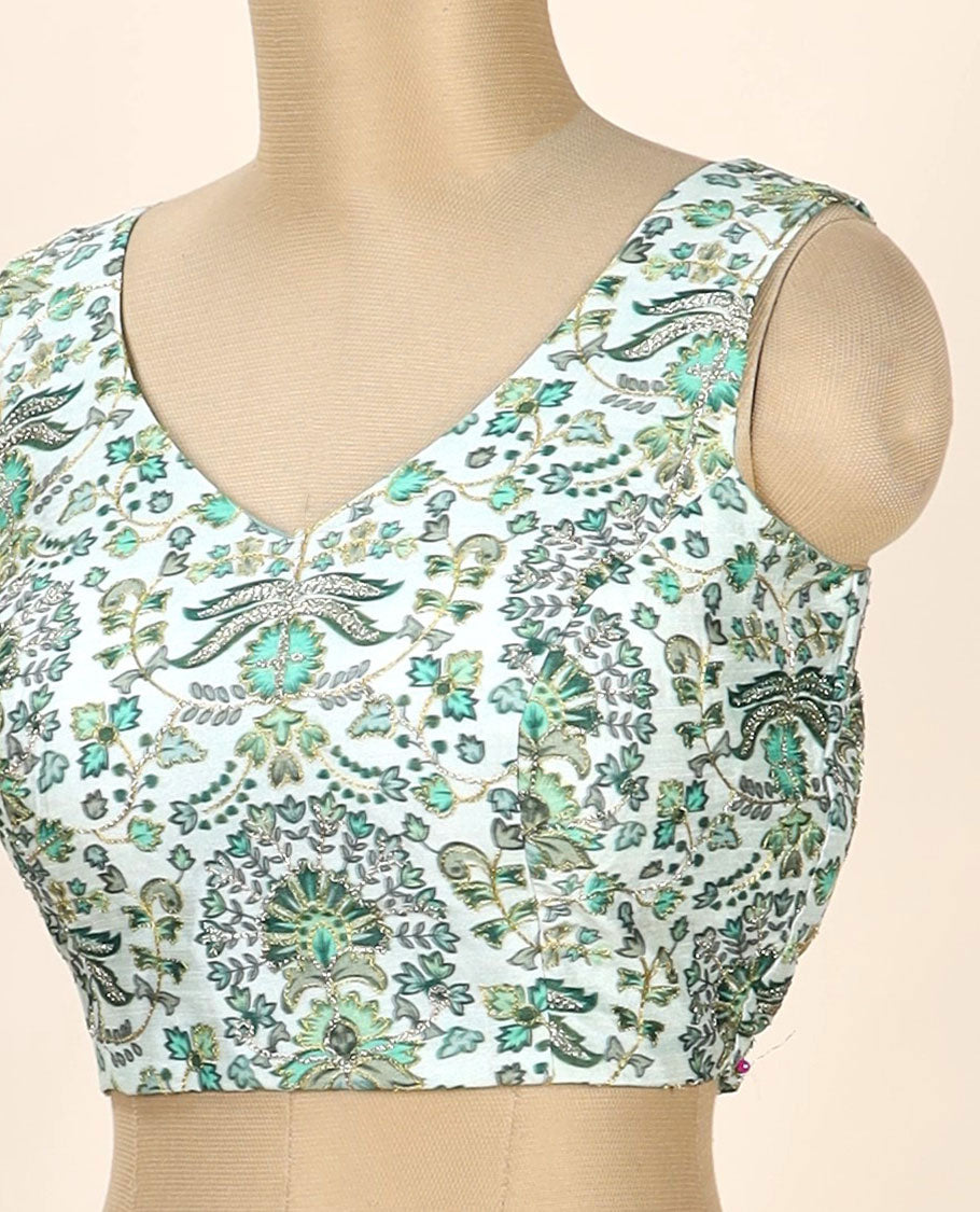 Green intricate floral printed with thread embroidered front and back leaf-neck sleeveless readymade blouse
