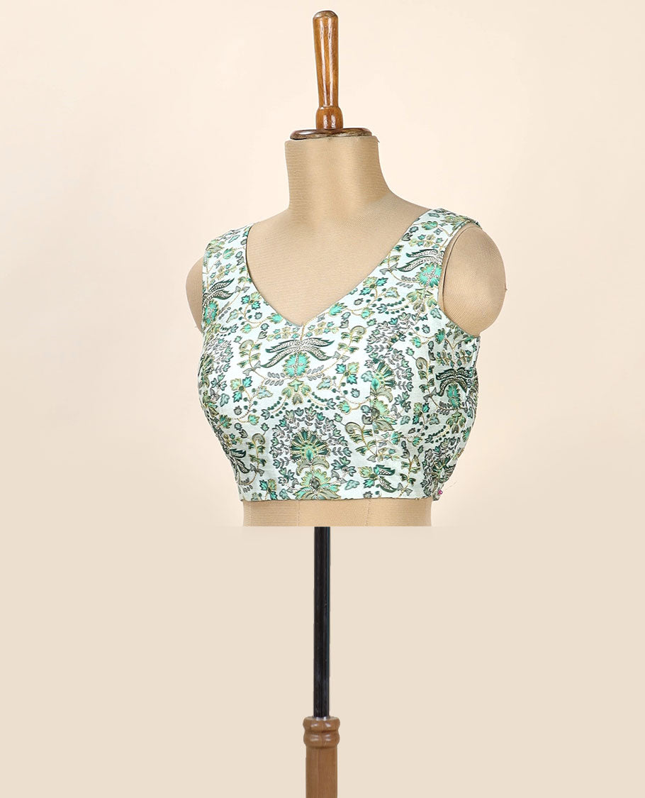 Green intricate floral printed with thread embroidered front and back leaf-neck sleeveless readymade blouse