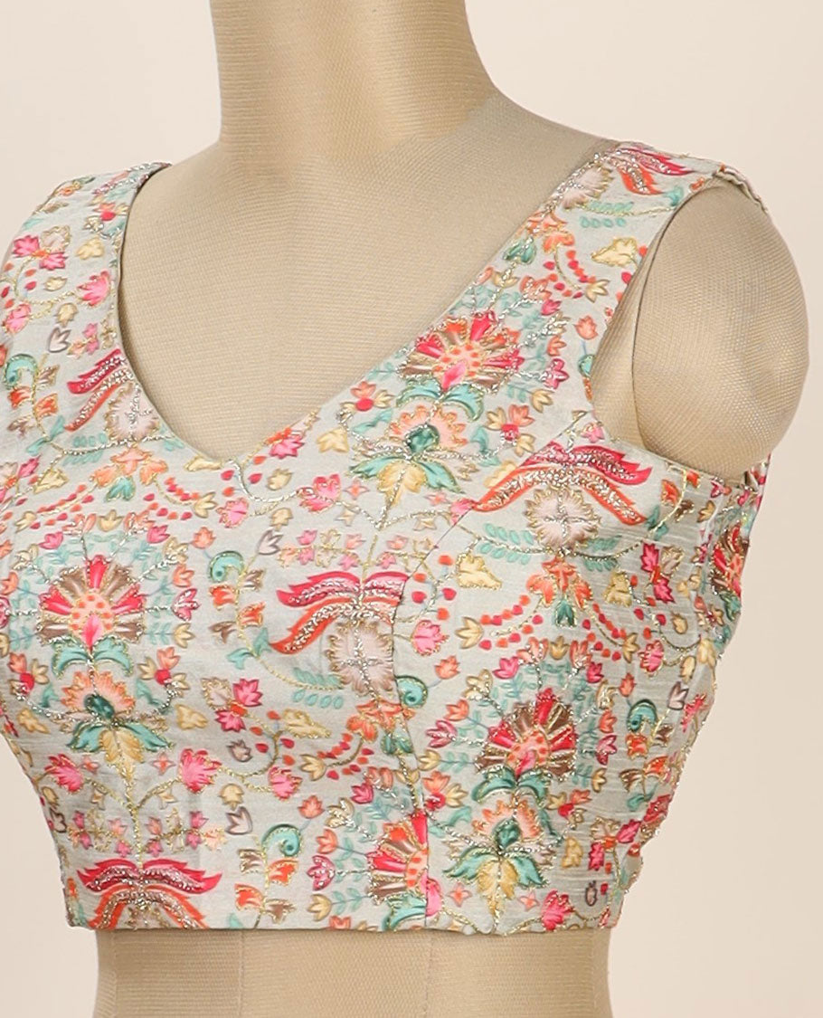 Multi-color intricate floral printed with thread embroidered front and back leaf-neck sleeveless readymade blouse