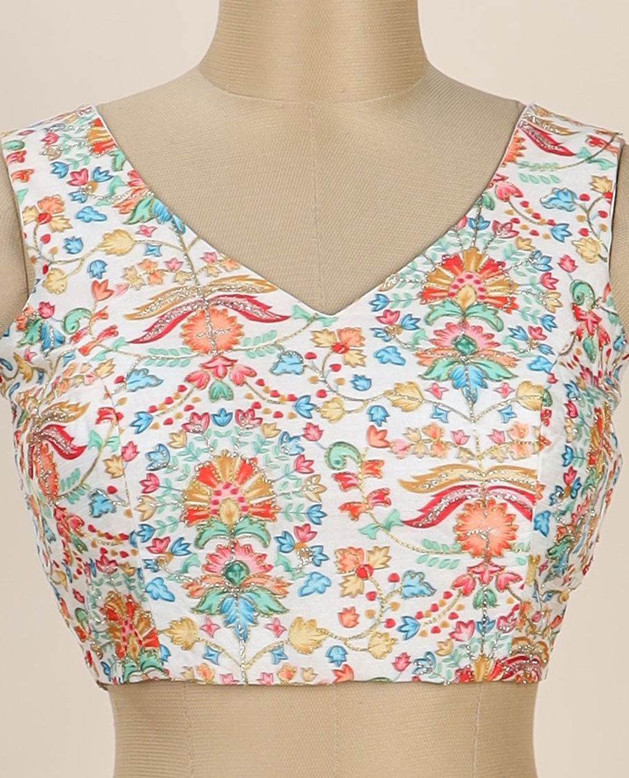 Cream intricate floral printed with thread embroidered front and back leaf-neck sleeveless readymade blouse