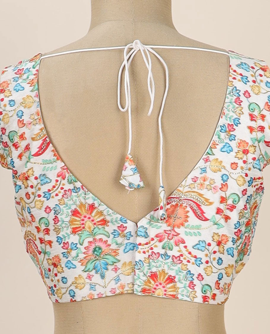 Cream intricate floral printed with thread embroidered front and back leaf-neck sleeveless readymade blouse
