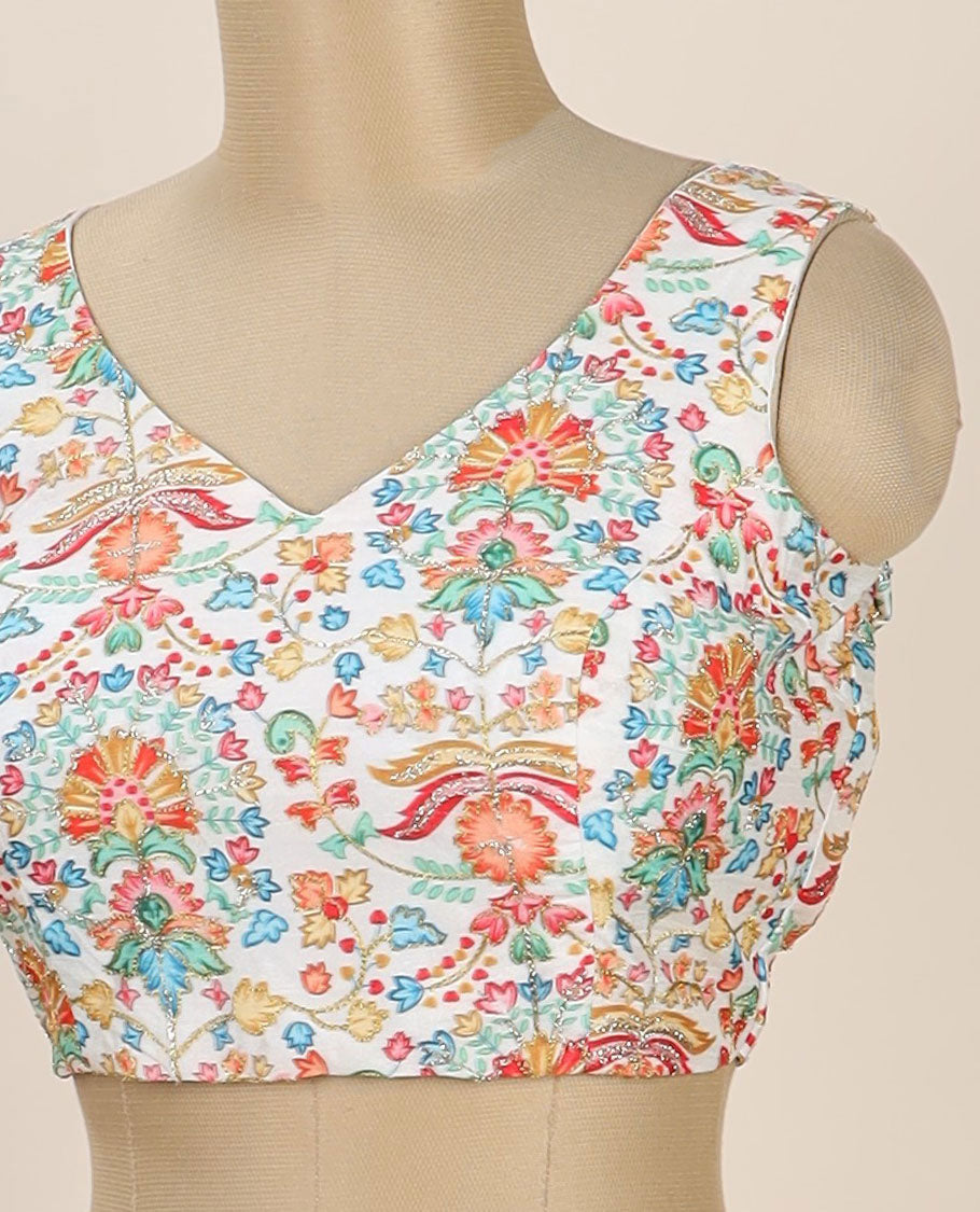 Cream intricate floral printed with thread embroidered front and back leaf-neck sleeveless readymade blouse