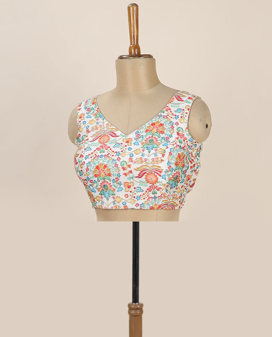 Cream intricate floral printed with thread embroidered front and back leaf-neck sleeveless readymade blouse