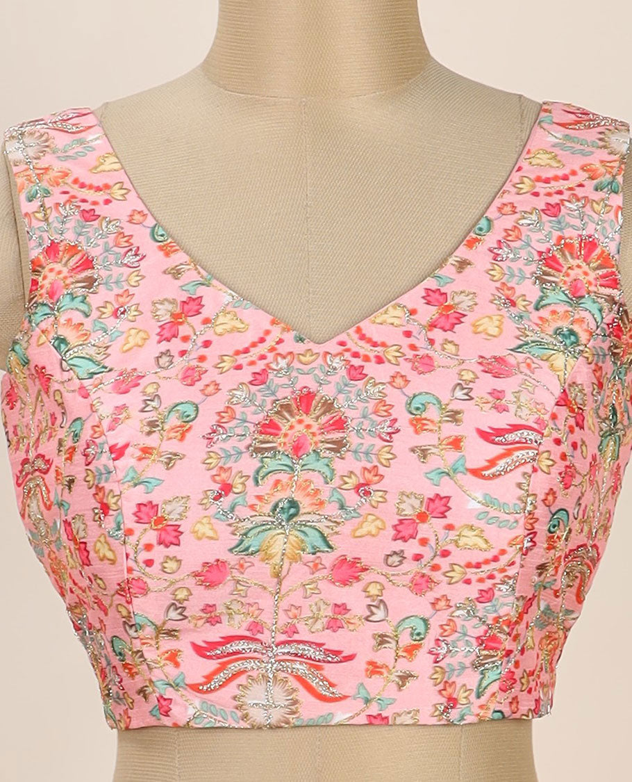 Pink intricate floral printed with thread embroidered front and back leaf-neck sleeveless readymade blouse