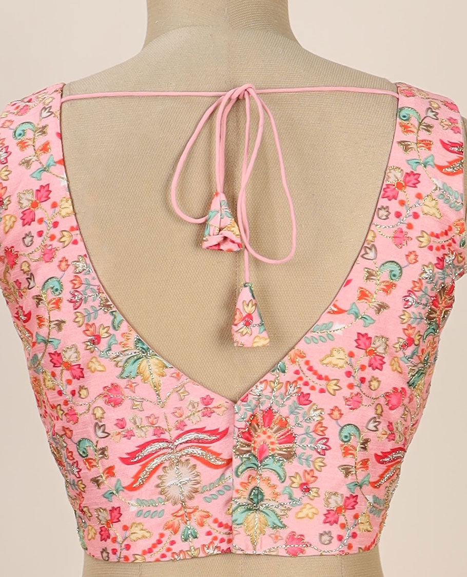 Pink intricate floral printed with thread embroidered front and back leaf-neck sleeveless readymade blouse