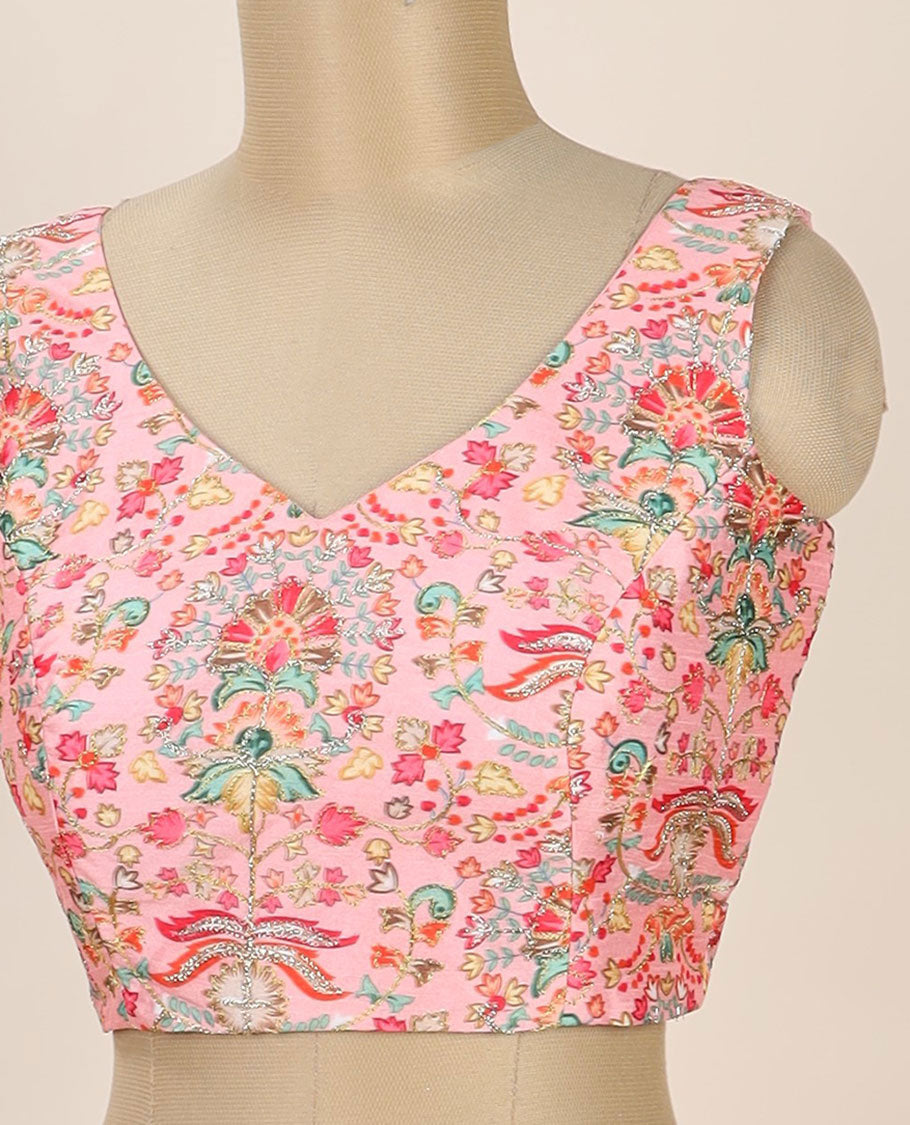 Pink intricate floral printed with thread embroidered front and back leaf-neck sleeveless readymade blouse