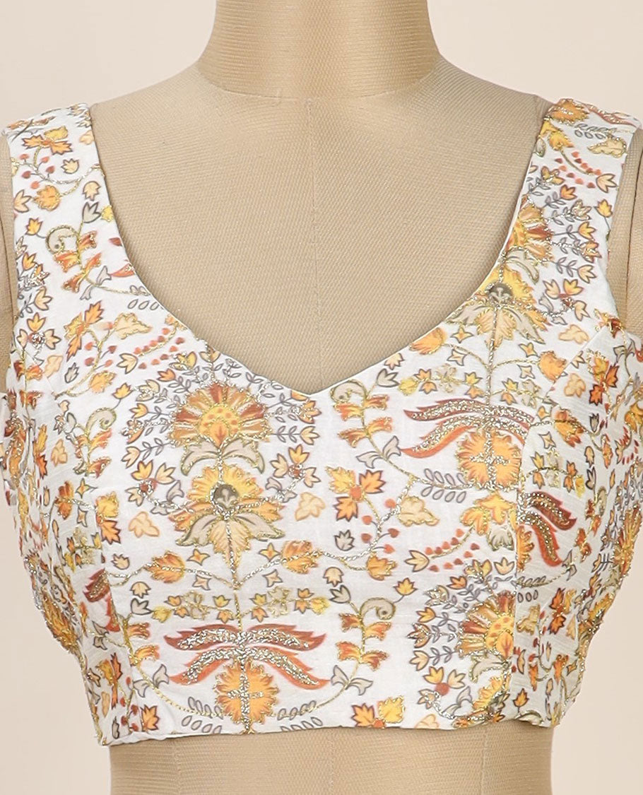 Cream intricate floral printed with thread embroidered front and back leaf-neck sleeveless readymade blouse