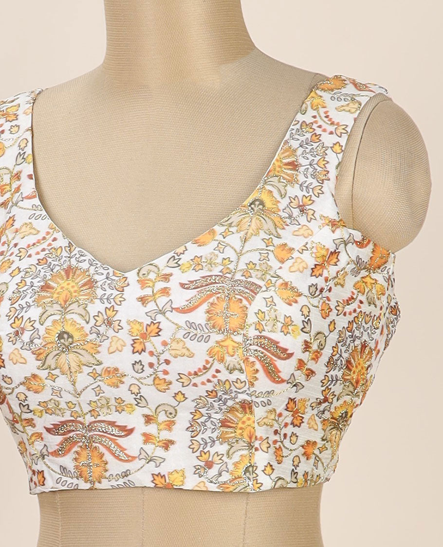 Cream intricate floral printed with thread embroidered front and back leaf-neck sleeveless readymade blouse