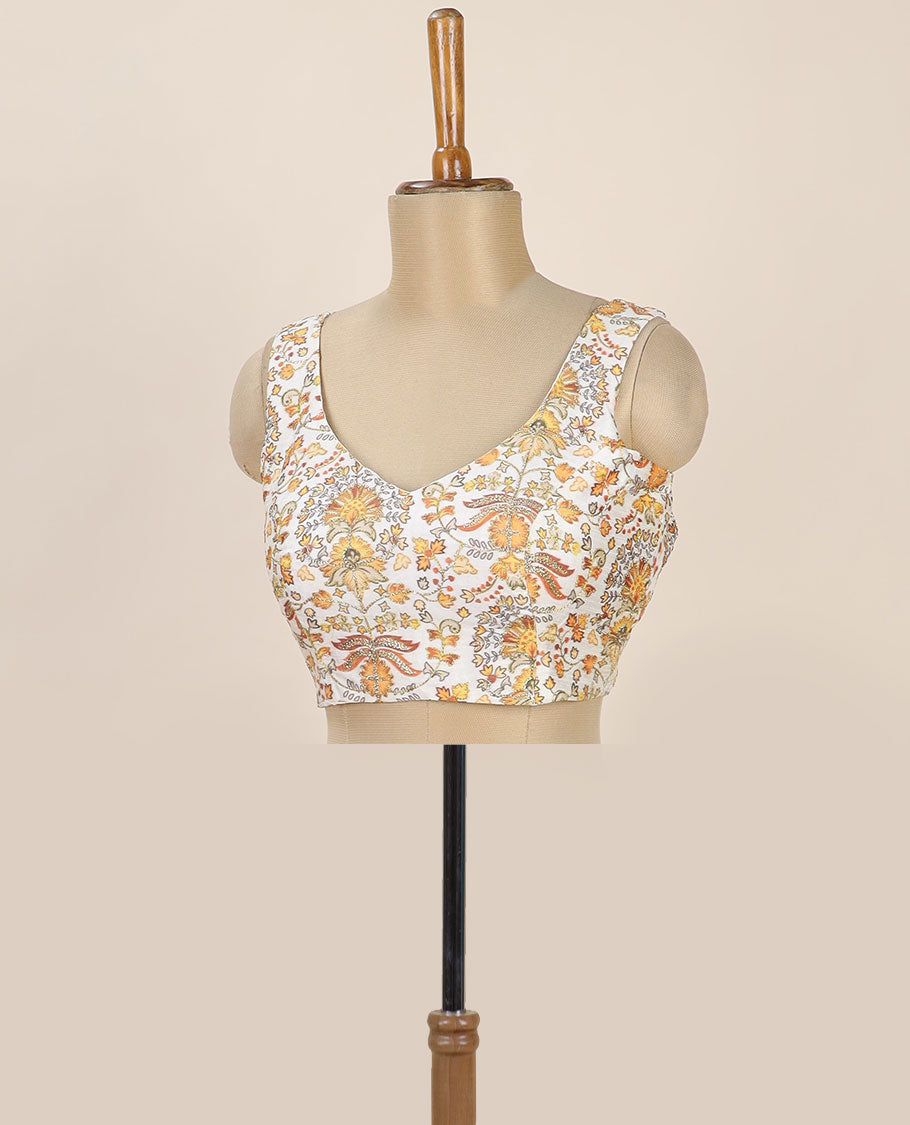 Cream intricate floral printed with thread embroidered front and back leaf-neck sleeveless readymade blouse