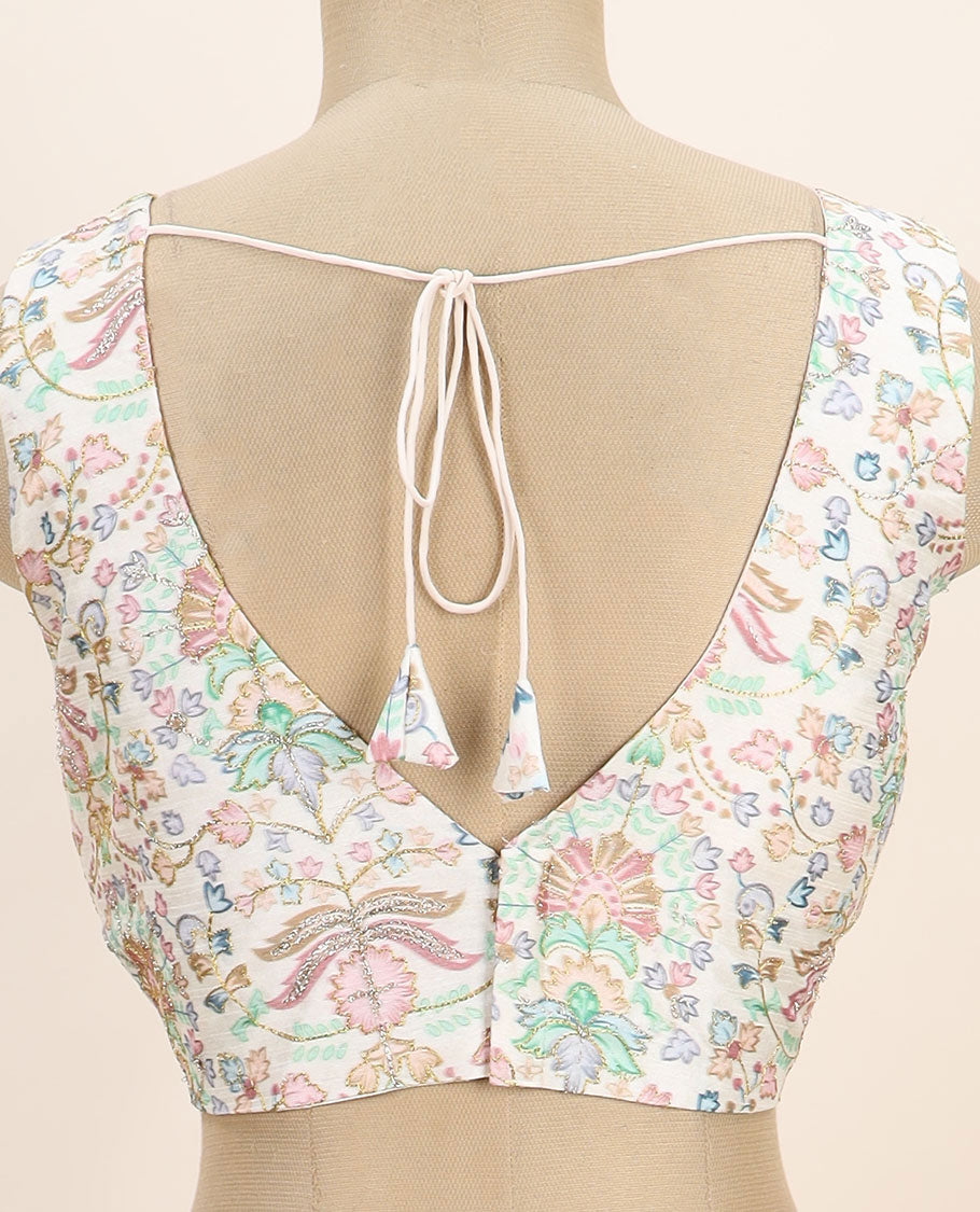 Cream intricate floral printed with thread embroidered front and back leaf-neck sleeveless readymade blouse
