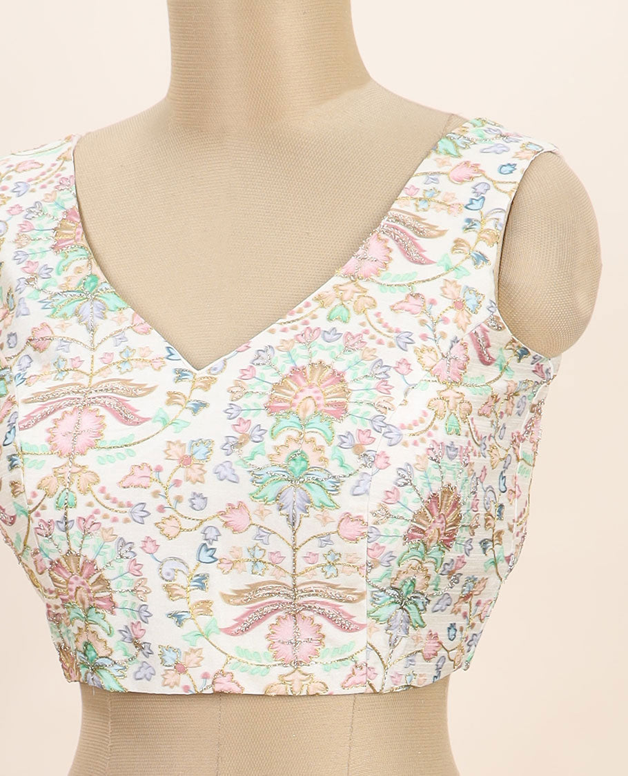 Cream intricate floral printed with thread embroidered front and back leaf-neck sleeveless readymade blouse