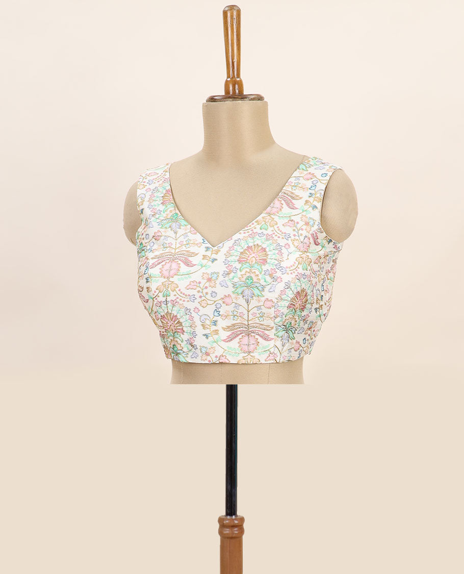 Cream intricate floral printed with thread embroidered front and back leaf-neck sleeveless readymade blouse