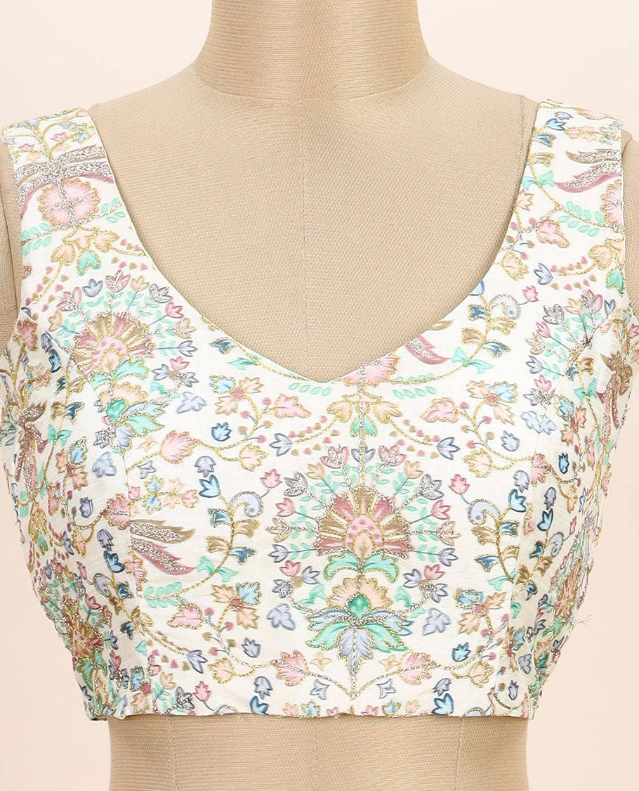 Off-white intricate floral printed with thread embroidered front and back v-neck sleeveless readymade blouse