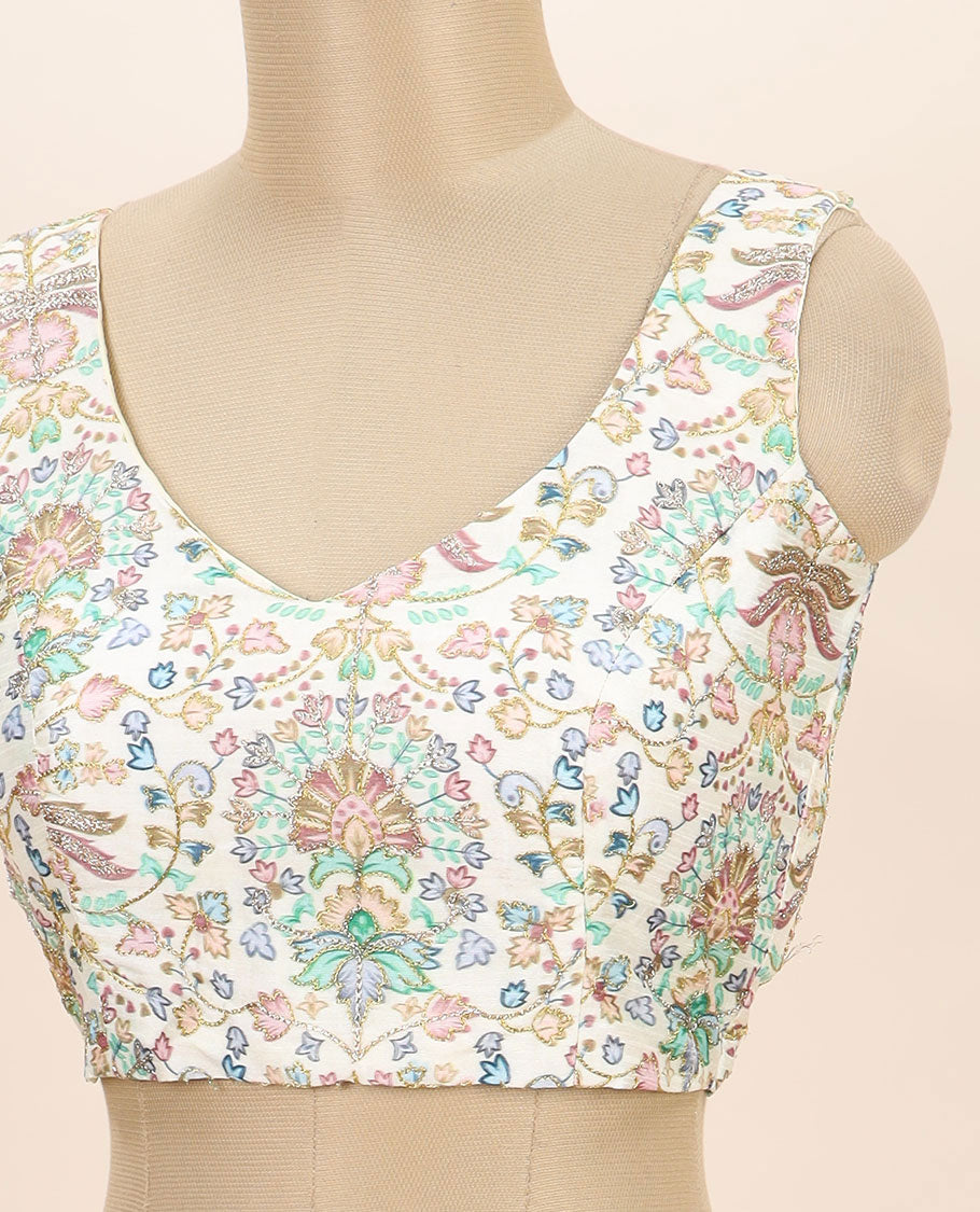 Off-white intricate floral printed with thread embroidered front and back v-neck sleeveless readymade blouse