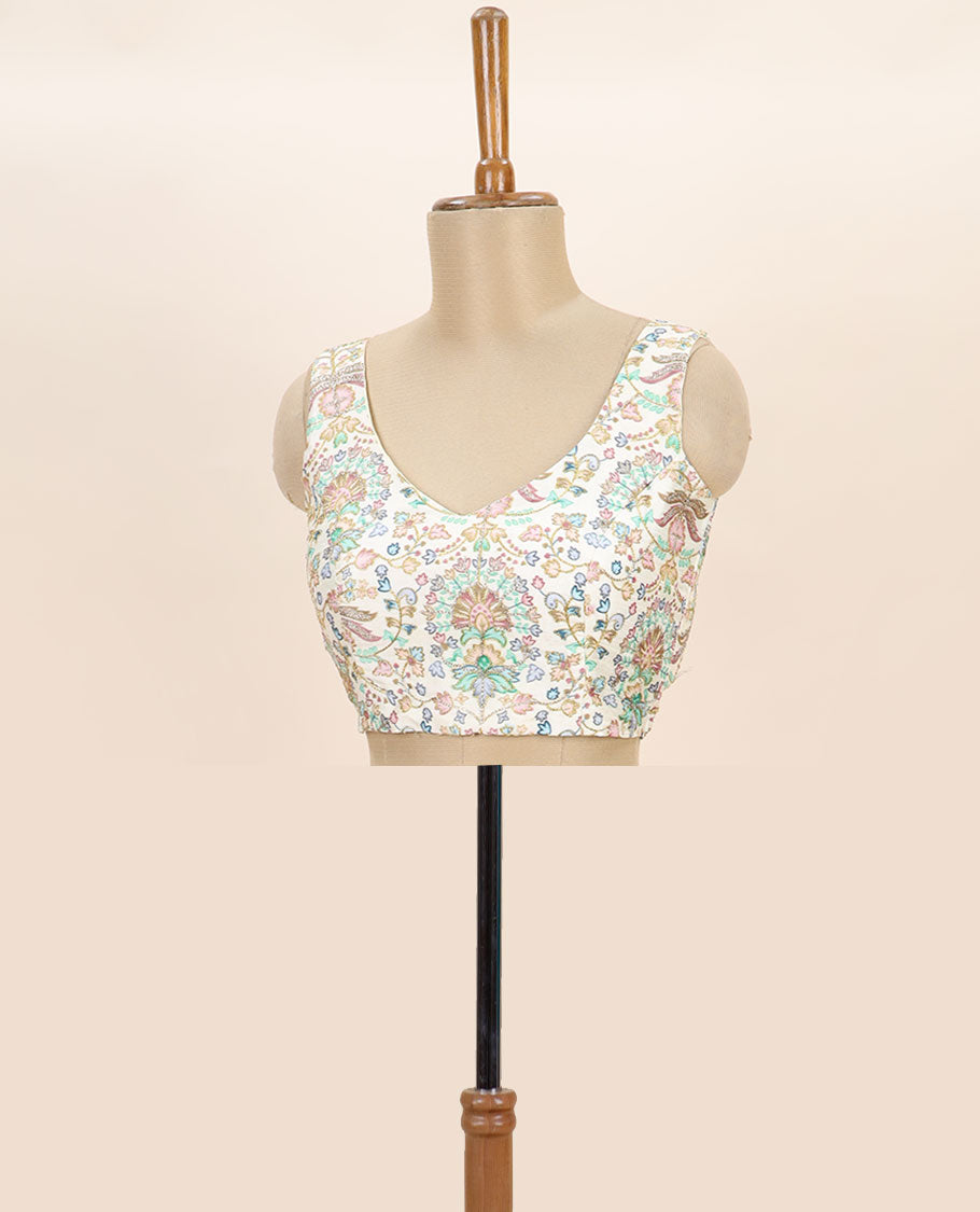 Off-white intricate floral printed with thread embroidered front and back v-neck sleeveless readymade blouse