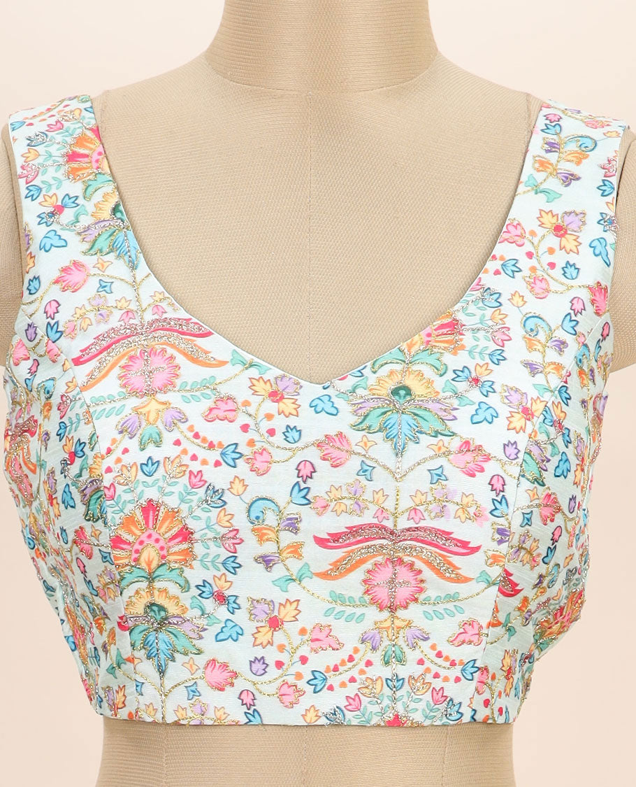 Off-white intricate floral printed with thread embroidered front and back v-neck sleeveless readymade blouse