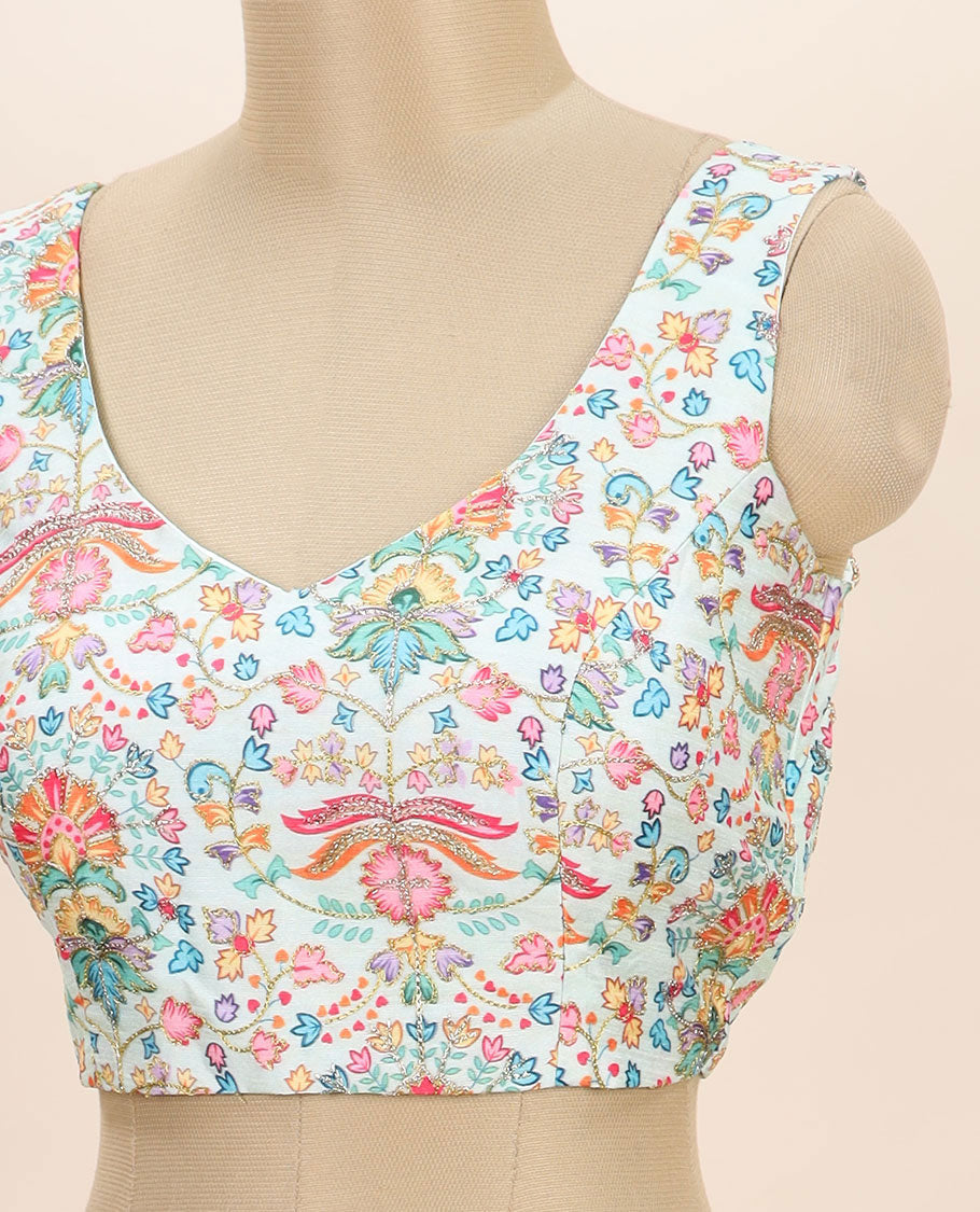 Off-white intricate floral printed with thread embroidered front and back v-neck sleeveless readymade blouse