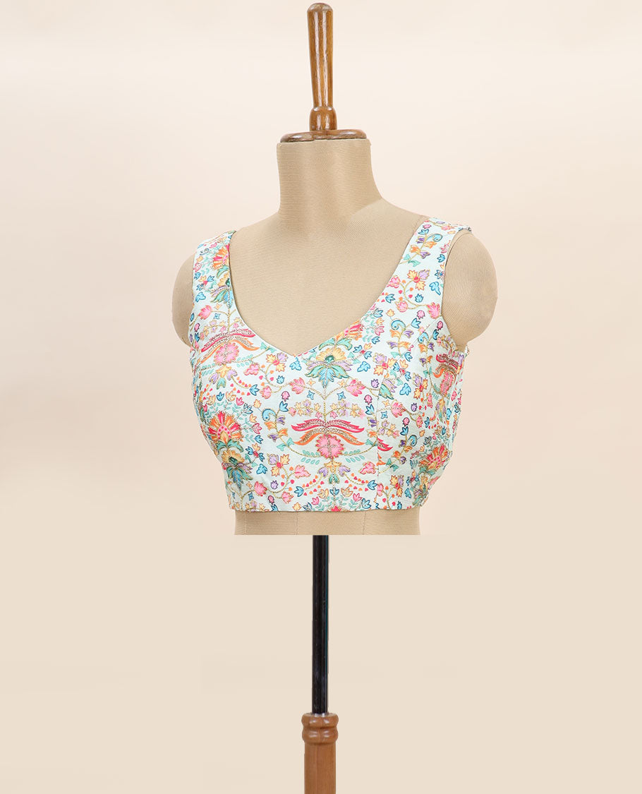Off-white intricate floral printed with thread embroidered front and back v-neck sleeveless readymade blouse